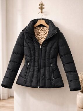 Calvin Klein Black Duck Down Puffer Jacket Leopard Print Lining Women’s M
